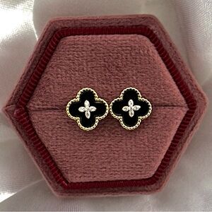 18K Gold Plated over 925 Sterling Silver Luxury Black Clover Stud Earrings